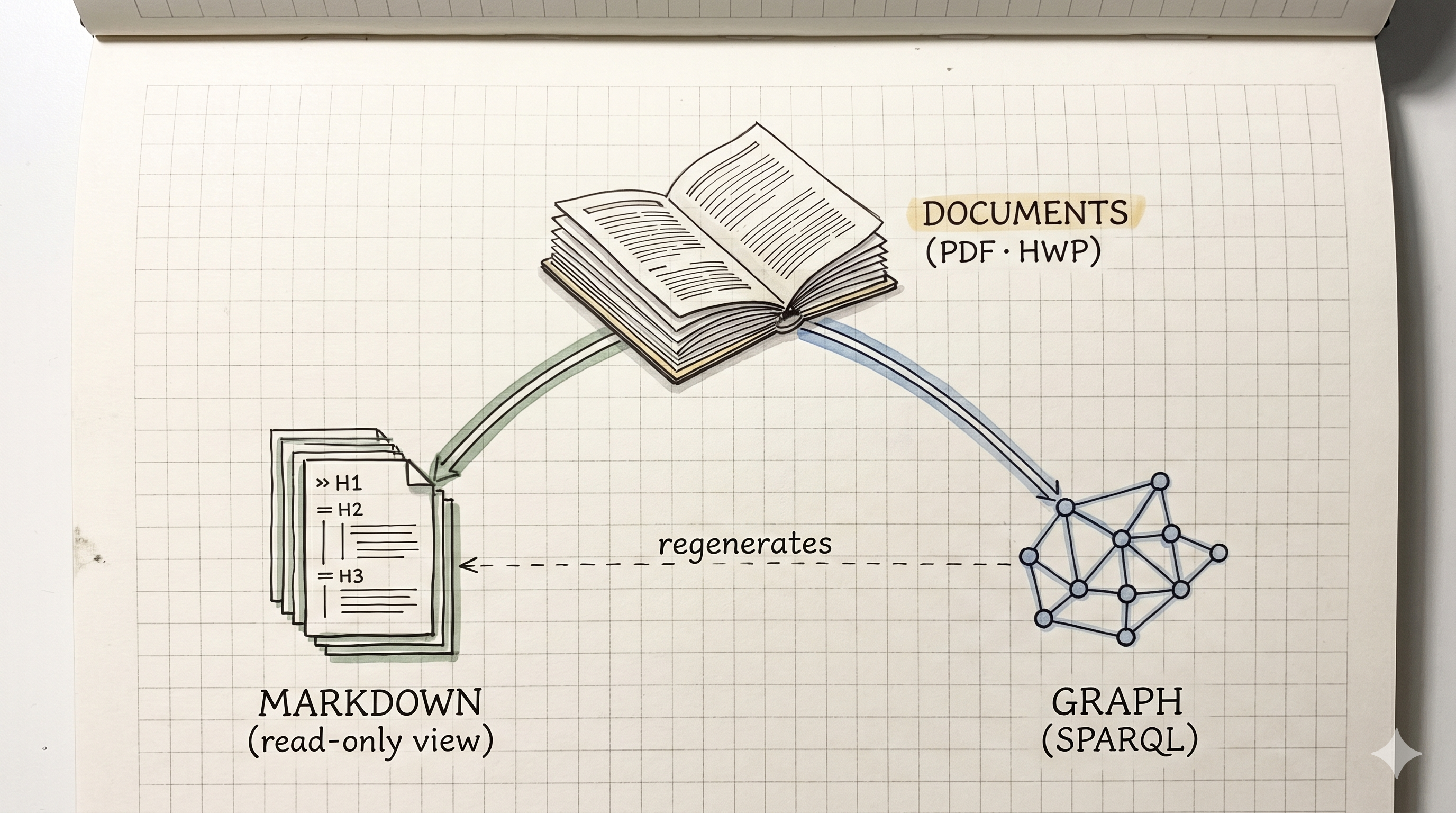 Documents as the canonical source of truth, with a graph and markdown as derived views