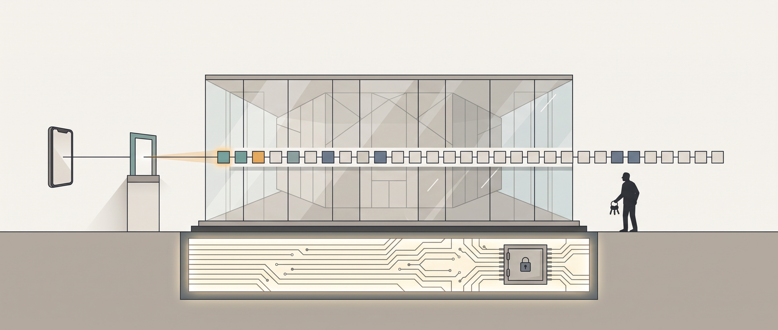 A transparent glass building standing on a chip with a sealed vault; a smartphone verifies it through a relay against a public ledger while a figure with keys is kept outside