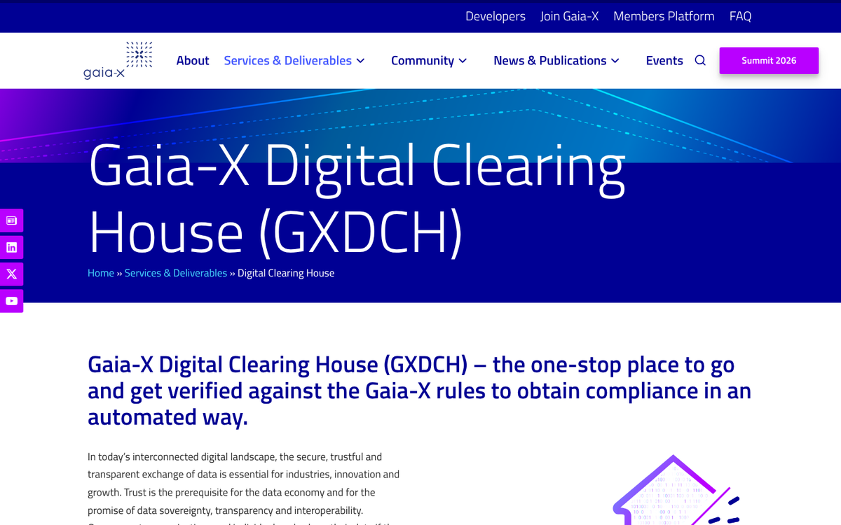 The Digital Clearing House page of the GAIA-X website, with a dark blue header and text introducing automated compliance checks against the GAIA-X rules