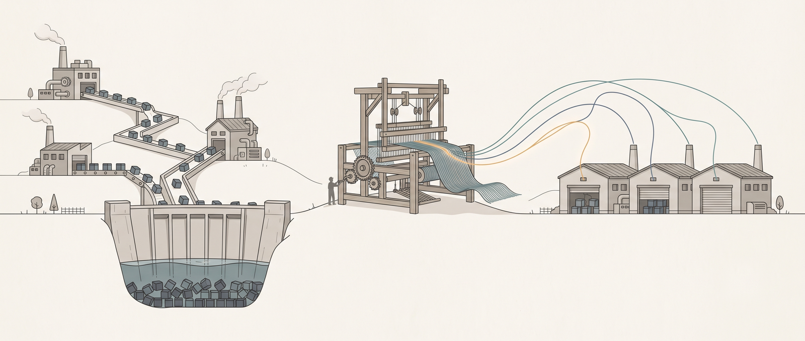On the left, data crates from several factories ride conveyors down into a large dam reservoir; on the right, each factory keeps its crates inside and sends only colored threads from its roof to a loom in the middle, which weaves them into a single cloth