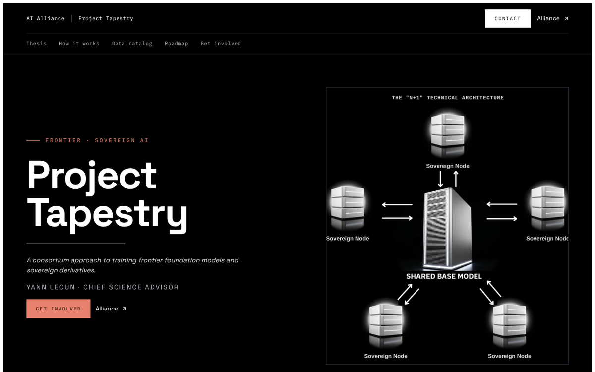 The AI Alliance's Project Tapestry page on a black background, with the project name and tagline on the left and on the right a diagram of a shared base model in the center exchanging arrows with five sovereign nodes