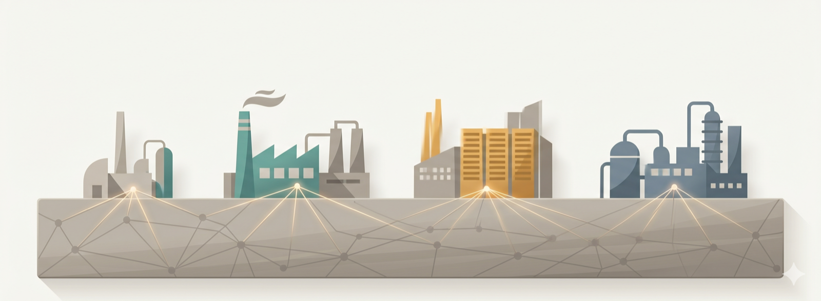 Several industries standing on a shared industrial foundation model as bedrock