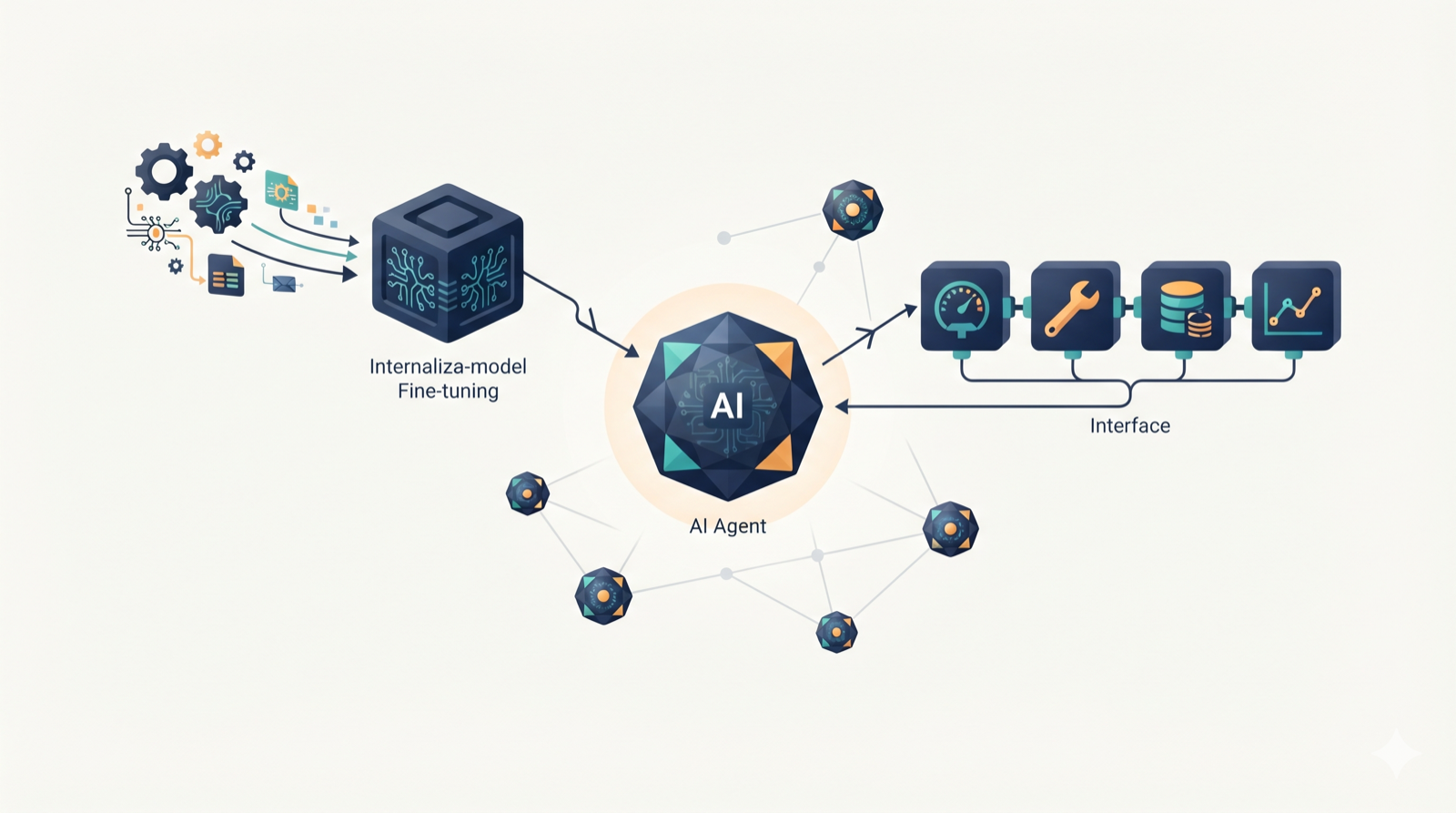 An agent at the center that understands industrial context and orchestrates tools, with two activation paths: fine-tuning the foundation model and connecting external tools