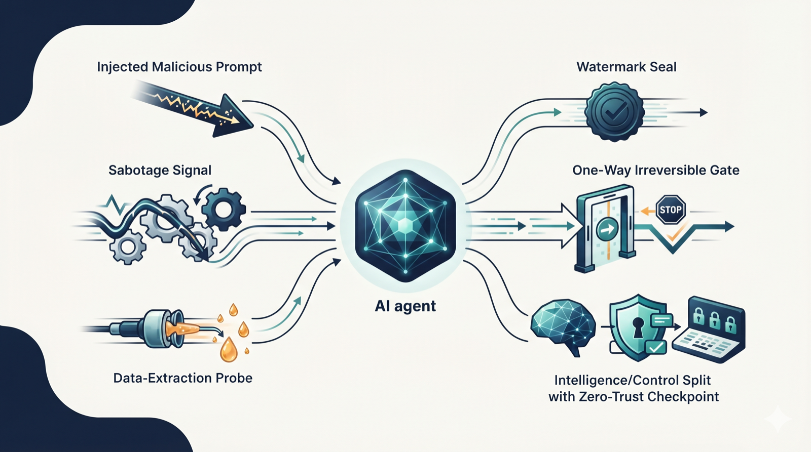Three attacks on the left (prompt injection, process sabotage, dataset extraction) flowing into a central AI agent, with three defenses on the right (watermarking, an irreversible gate, and an intelligence/control split with a zero-trust checkpoint) holding them off
