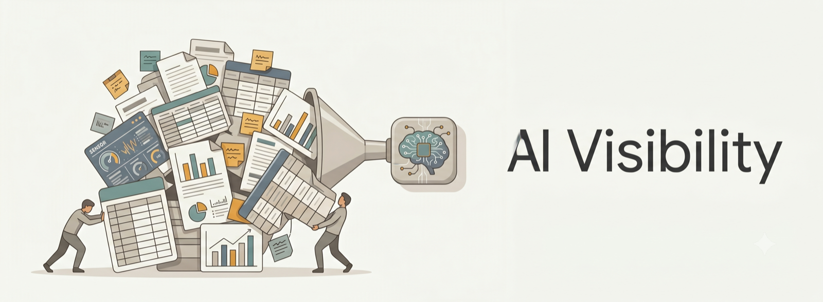 A heap of data being funneled into an AI model, with the words 'AI Visibility'