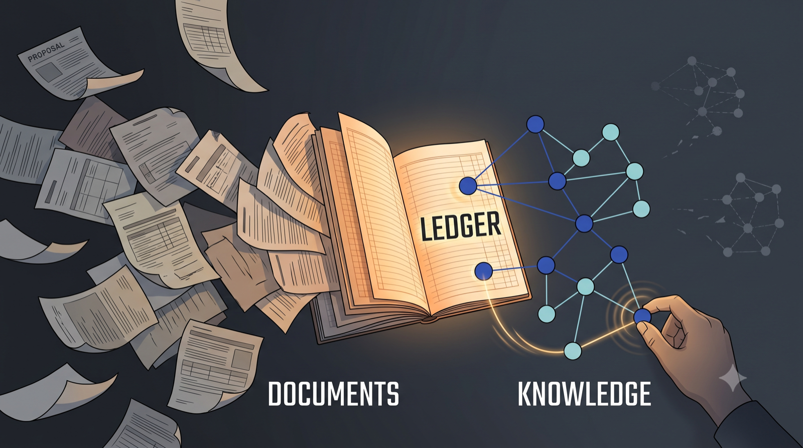 Scattered project documents drawn into a glowing ledger book and emerging as an orderly knowledge graph, with a hand adjusting one node
