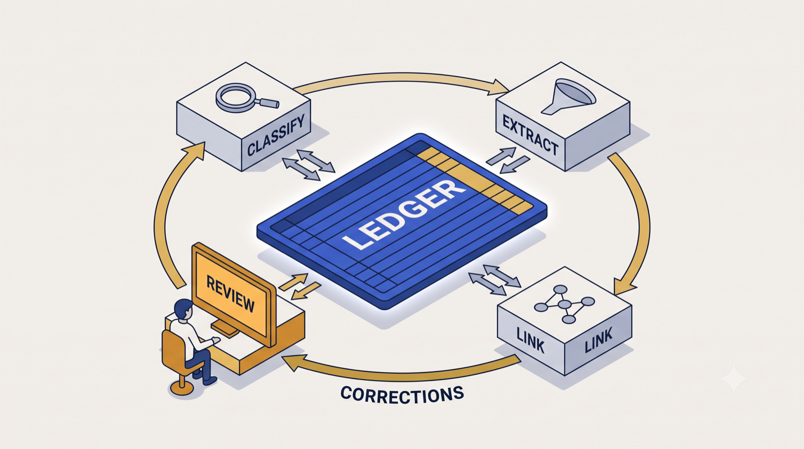 An isometric diagram: a central ledger slab surrounded by four blocks — classify, extract, link, and a human review screen — each joined to the ledger, with a corrections loop running back from review