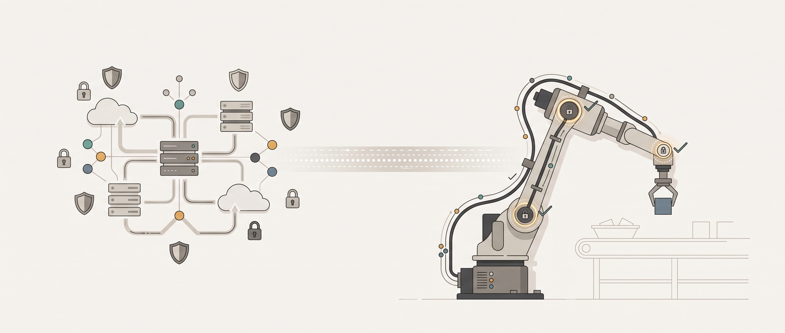 A network of servers and clouds guarded by shields on the left, and on the right a pick-and-place robot arm whose individual joints carry their own lock checkpoints